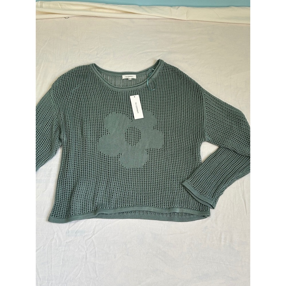 Women Sage Green Open Knit Sweater Mesh Long Sleeve Pullover Relaxed Fit Top